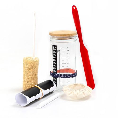 Baymate Kit di Barattoli per Lievito Madre Vetro da 730ml Trasparente con Coperchio in Bambù Strumenti in Silicone Termometro Riutilizzabile Contenitore per la Cottura del Pane a Lievito