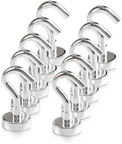 Magnetic Hooks 12kg/27lbs (Pack of 10 Silver) - Heavy Duty Neodymium Hooks for Outdoor & Backyard Use - Strong Rare Earth Magnets for Cruise Cabins - Magnetic Hooks for Kitchen & Refrigerators