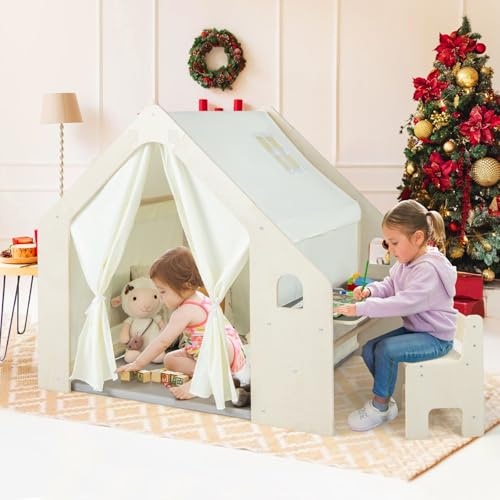 GOPLUS 6 in 1 Kinderzelt, Spielzelt Holz mit Schreibtisch, Stuhl & doppelseitige Tafel, Spielhaus Montessori mit Stauraum, Matte & Vorhänge, Holzspielzelt Indoor für Kinder von 2-6 Jahren (Klein)