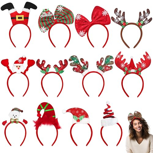 12 Stück Haarreifen Weihnachten,Weihnachts Haarreif für Erwachsene Damen & Herren,Xmas Haarreifen Set mit Rentier Haarreif,Santa Claus,Schneeflocken,Weihnachts Haarschmuck & Kopfschmuck Weihnachten
