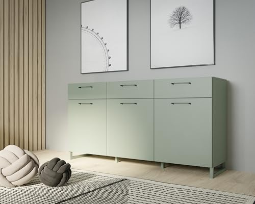 möbelando Sideboard >SILBA< in (Salbei grün), 3 Türen, 3 Schubladen - 164,6x93,4x41,1cm (BxHxT)