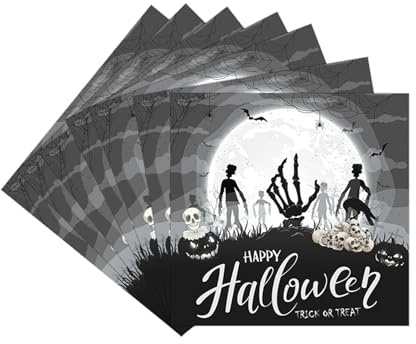 Lot de 20 serviettes en papier jetables pour Halloween, fête d'anniversaire, décoration de table, 16,5 x 16,5 cm, motif tête de mort, citrouille, noir