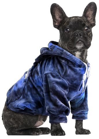 SlowTon Hunde Hoodie für Hunde, Warmer Flanell Hundepullover mit mit Leine Portal und Tasche, Kapuzenpulli Hund Overall für kleine mittlere Chihuahua Teddy, Blau-Grau Tie Dye