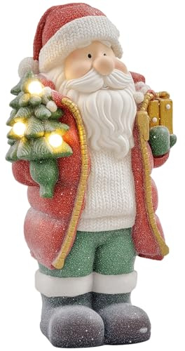 HOMCOM Weihnachtsdeko Figur, Weihnachtsmann mit Weihnachtsbaum und Geschenk, 50 cm Weihnachtsfigur mit LED-Licht, Dekofigur zu Weihnachten, für In- und Outdoor