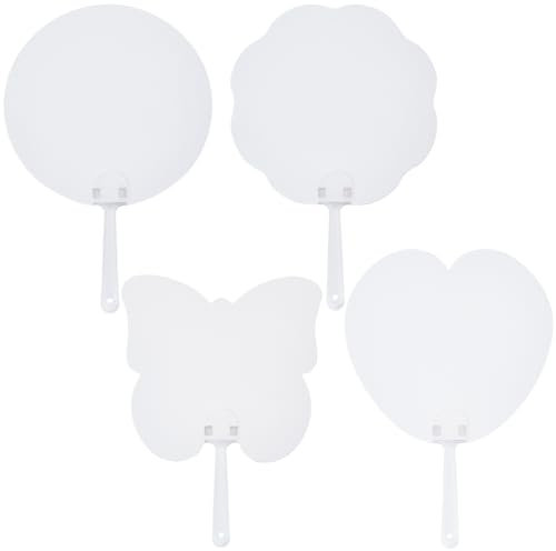 GORGECRAFT 16pz 4 stili Ventagli di Carta Vuoti Set Portatile Incluso Manico Del Ventaglio Bastoncini Artigianali Cartoncino Bianco Vuoto Farfalla Fiore Cuore Rotondo Forma Chiesa Ventagli Artigianato