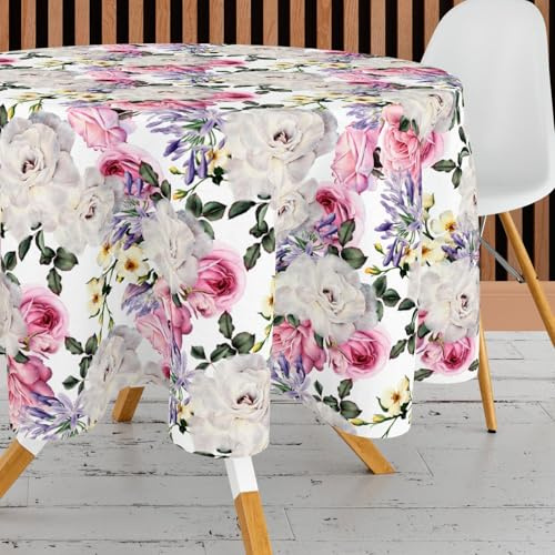 CozyHome&Living Tischdecke Rund 140 cm Teerosen Abwaschbar und Pflegeleicht | Runde Tischwäsche mit floralem Teerosenmuster, abwaschbar, pflegeleicht und dekorativ für Esstisch und Familienfeste