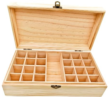 Anktily Scatola portaoggetti in legno grezzo con coperchio/25 scomparti, 27,5 x 15,2 x 8,5 cm, scatola in legno non verniciato per piccoli ricordi, gioielli, porta bustine di tè