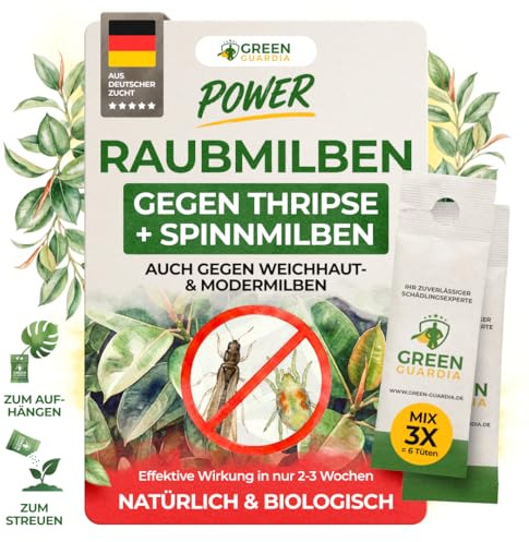 GREEN GUARDIA Power Raubmilben Mix gegen Thripse & Spinnmilben– 3 Mix mit 6 Tüten - Biologisches Mittel zur effektiven Thripse Bekämpfung–Umweltfreundlich, chemiefreie Mittel,einfache Anwendung