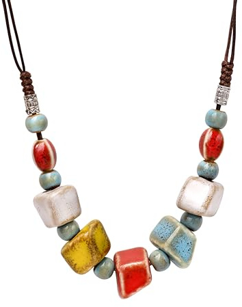 Hanary Bohemian Colorful Ceramic Geometric Bead Strand Necklace, Summer Boho Statement Vintage Jewelry Gift for Women