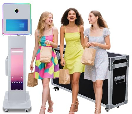 Tragbare 15,6-Zoll-Touchscreen-DSLR-Spiegel-Selfie-Maschine mit 29-Zoll-LCD-Anzeige-Fotokastenmaschine für Geburtstagsfeier (weiß, Photo Booth Machine) | Tragbare Fotokabine mit RGB-Licht, eingebauter Mini-PC, Flight-Tasche, für Geburtstagspartys und Events