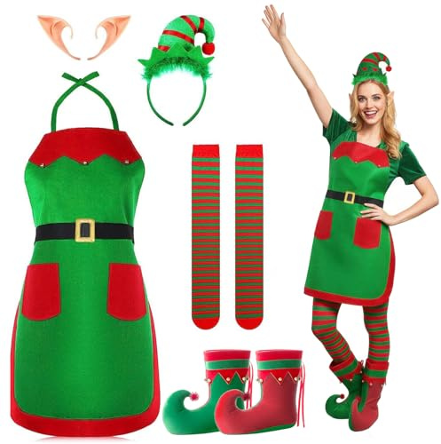 Set Costume Elfo di Natale per Donne, Grembiule e Accessori da Elfo, Cappello da Gnomo, Orecchie, Scarpe, Calze, Costume Cosplay Adulto, Fancy Dress, Per feste e travestimenti natalizi, Set da 5 pezzi