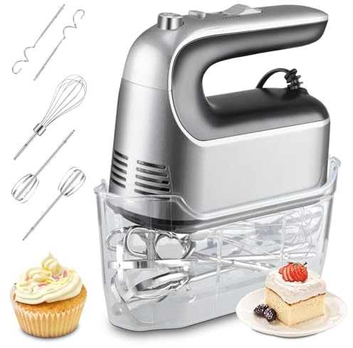 Panana Hand Mixer Electric Whisk, 5 Self Control Speed with Turbo Button, Food Kitchen Mixer with 5 Stainless Steel Accessories for Baking, Dough, Bread, Eggs, Cream, Snap-on Storage Case (Silver)