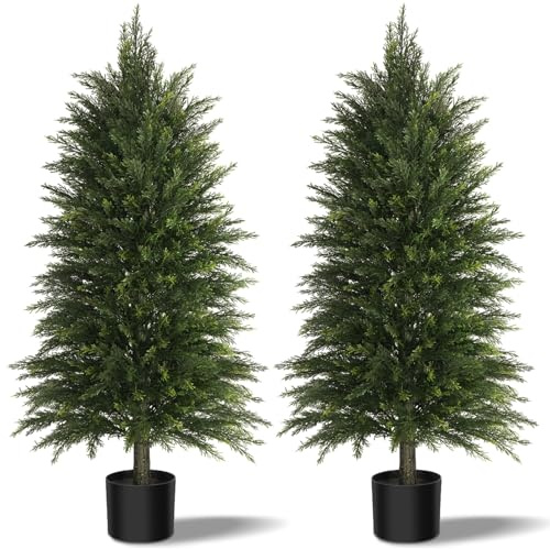 Artificial Cedar Trees 120cm 2 Set, Realistic Faux Evergreen Topiary Bushes Plants, Outdoor Potted Fake Cypress Shrubs for Front Porch Garden Home Living Room Decor