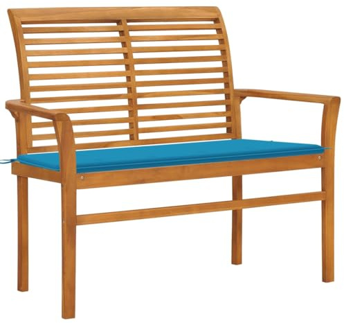 QUAHEAS Gartenbank aus massivem Teakholz 112 cm breit, robuste Outdoor Sitzbank mit blauem Polster, langlebige Gartenmöbel für Terrasse, Balkon und den Außenbereich