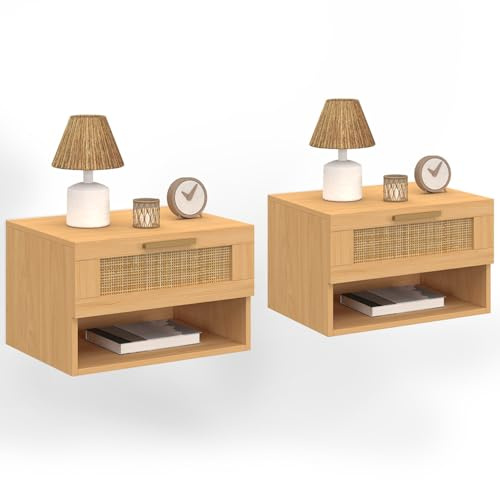 IDMarket - Lot de 2 Tables de Chevet murales Robert Effet cannage et Bois | Avec 1 tiroir et 1 niche