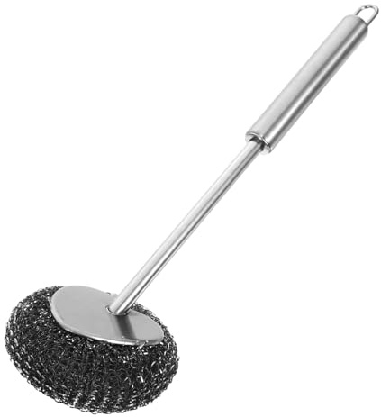 CIYODO Stainless Steel Pot Scrubber with Long Handle Ergonomic Grip Gentle Cookware Household Cleaning Brush for Bowls Pans and Grills with Hanging Storage Option
