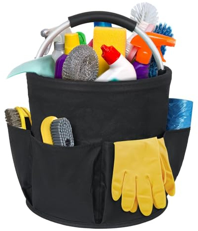 Oaioya 17L Foldable Tool Bucket Bag, Oxford Fabric Organizer with Multi-Pocket & Handle, 28x28cm Waterproof Storage Caddy for Cleaning Supplies, Compact, Easy-Carry Design for Home & On-the-Go (Black)