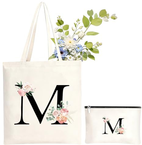 NHTJTHE Initialen - Bolsa de la compra de lona con cremallera y bolsa de cosméticos a juego, idea de regalo especial para mujeres, mamá, novia en todos los días festivos, M, S