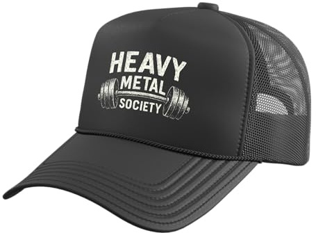 Heavy Metal Society, Vintage Gym Barbell Lifter Trucker Hat with Adjustable Mesh Back, Black