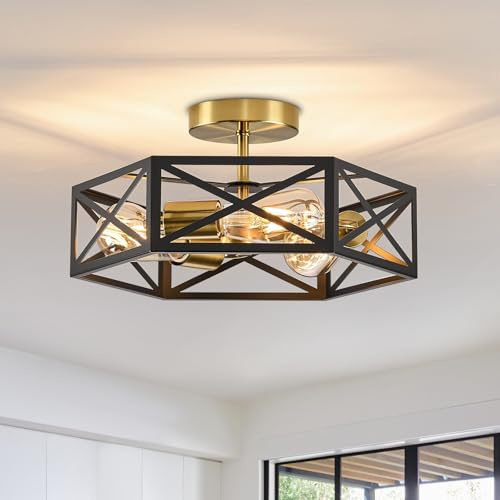 Deckenlampe Vintage Gold 3-flammig E27 Industrial Metall Deckenleuchte | Bauernhaus Modern Käfig-Lichtarmatur für Küche, Flur, Schlafzimmer, Wohnzimmer, Eingangsbereich, Waschküche