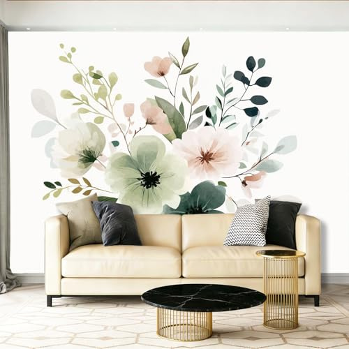 Carta Da Parati Fotografica Acquerello Fiori Foglie Piante Fotografico Murale Per Camera Da Letto Cameretta, 200 x 140 cm Murale Carta Da Parati Artistica, Verde Salvia