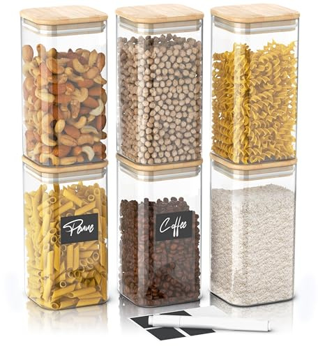 Arendo - Vorratsgläser mit Deckel - 6er Set - Behälter aus Glas – hitzebeständig – Vorratsdosen mit Bambusdeckel - luftdicht - für Müsli Zucker Mehl Kaffee Reis