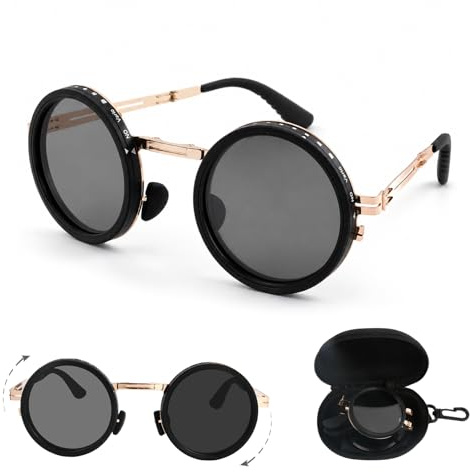 Ecofocet Faltbare Sonnenbrille, Runde Polarisierte Sonnenbrille mit 9-stufigem ND-Filter, UV400, TAC Gläser, Metallrahmen, Metallrahmen Retro Unisex für Herren, Damem, Outdoor, Fahren
