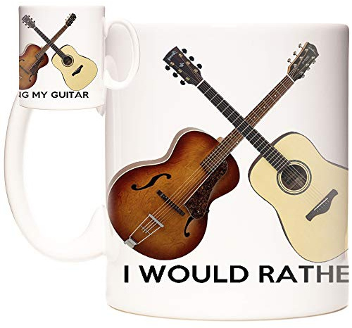 KAZMUGZ Acoustic Guitar Coffee Mug, I Would Rather Be Playing My Guitar, 11oz Ceramic Mug for Guitarists Everywhere. Crossed Acoustic Guitar Images