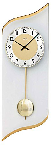 AMS Pendeluhr 7437 Wohnzimmer Wanduhr aus geschwungenem Glas Wand Glasuhr mit Metallpendel Dekouhr by AMS