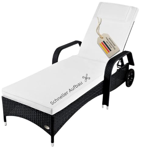 RS Trade Sonnenliege Toscana Schwarz - Outdoor Liege mit beständigem Poly-Rattan-Geflecht - verstellbare Rückenlehne - Armlehnen & breite Liegefläche - inkl. Kopfteil und Auflage