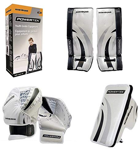 PowerTek Barikad V2.0 Youth Ice Hockey Goalie Pad Set - 24 Leg Pads, Glove, Blocker
