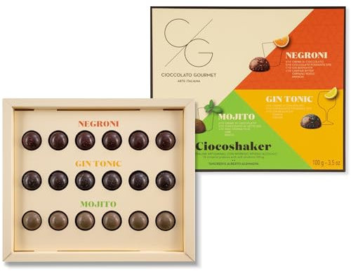 Ciocoshaker: Scatola da 18 Praline con Ripieno in 3 Gusti Alcolici, Cioccolatini Artigianali Gourmet in Confezione Regalo, 100 Grammi