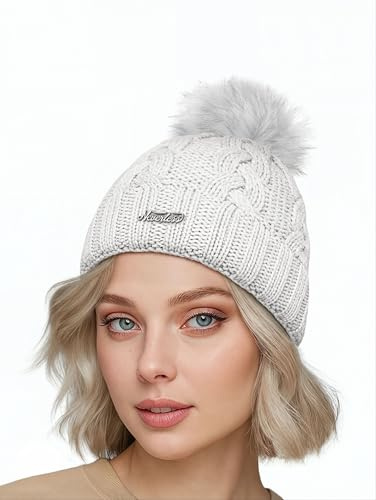 Neverless® Damen Strickmütze Zopfmuster Fleccefutter Bommelmütze Pudelmütze Wintermütze Accessoires Herbst Winter Model 2213 Weiss Unisize
