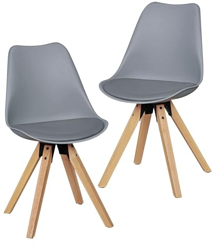 FineBuy Esszimmerstuhl 2er Set Grau mit Holzbeinen, Küchenstuhl | skandinavische Stühle mit Kunstlederbezug, Schalenstuhl mit Filzgleitern, Polsterstuhl Retro, bequeme Sitzschale