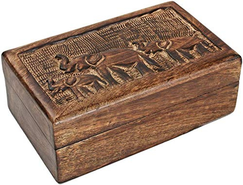 Ajuny Handgeschnitzte Schmuckschatulle aus Holz mit Elefantenmotiv, rustikales Finish – Schatztruhe/Organizer für Schmuck & Andenken, 23x15x10 cm, Geschenk für Damen & Herren, Reise-Aufbewahrung