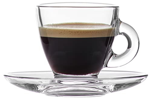 LAV Kaffeetassen und Untertassen aus Glas, kleine Espressotassen mit Griff, 85 ml, klares Latte-Tassen-Set – 6 Tassen + 6 Untertassen – Geschenk für Kaffeeliebhaber – Einweihungsfeier