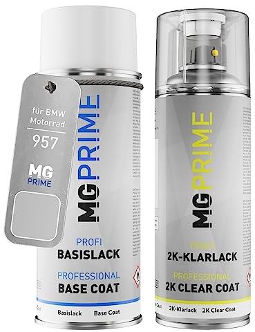 MG PRIME Motorradlack Spraydose für BMW Motorrad 957 Magnesium Metalli. +2K | Magnesium Metallic Matt, Set aus Basislack + 2K Klarlack, Sprühdosen 400ml