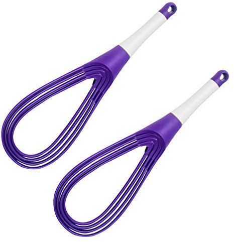 2 pcs Flat Whisk Plastic Egg Beater Whisk 2-In-1Collapsible Rotating Balloon and Silicone Coated Flat Whisk Baking Kitchen Gadgets