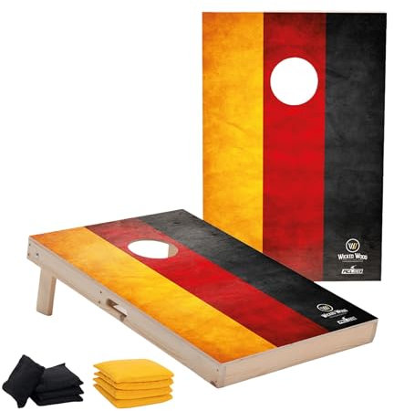 Wicked Wood Games Cornhole Set | Deutschland-Flagge | 90 x 60 cm | Tailgate größe | inkl. 2 Bretter + 2 x 4 gelbe & Schwarze Cornhole Säckchen | ACL Rec