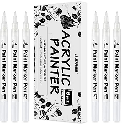 JEFFNIUB White Acrylic Paint Pens, Set of 6 Permanent Markers 0.7mm | Extra Fine Point Waterproof Art Pen for Stones,Canvas, Fabric, Wood, Metal and and DIY Painting - White