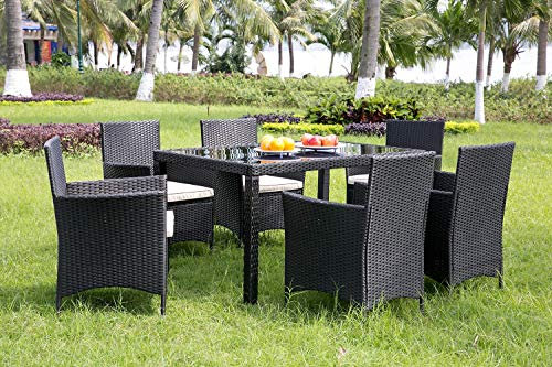 Set di 7 sedie per tavolo da pranzo da giardino, 6 posti, in rattan di lusso, impermeabile, in vimini, per esterni, veranda, patio, balcone, giardino, piscina, 7 pezzi
