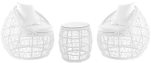 Kideo® Balkonmöbel Set weiß, Sitzgruppe, 3er Gartenmöbel, Lounge, 1 Tisch + 2 Sessel, wetterfest, Polyrattan (Modell Sassari, weiß)