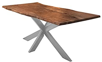 SAM Esstisch 160x85cm Salerno, Akazienholz nussbaumfarben + massiv + lackiert, echte Baumkante, Baumkantentisch, Spider-Metallgestell Silber, Esszimmertisch, Tischplatte 35mm