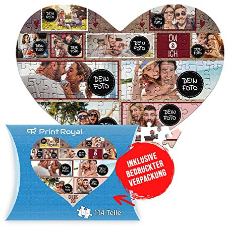 Foto-Puzzle selbst gestalten - Du & Ich - mit 10 Fotos Bedrucken - Herz-Puzzle Personalisieren - Geschenk zu Valentinstag, Jahrestag - 114 Teile inkl. Kartonverpackung
