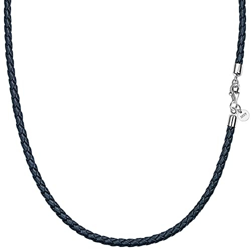 Viwind Echt leder Halskette 2.5mm/3mm breit geflochten Lederkette Lederband 45-60cm wählbar 925 Sterling Silber Vers chluss Damen Herren für DIY Anhänger Schmuck mit Geschenkbox (Blau, 45.00)