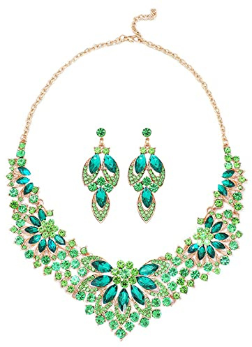 KONFEN Damen Hochzeit Schmuckset, Kristall Halskette und Ohrringe Set, Kristall Blume Hochzeitsschmuck, Strass Kristall Braut Brautjungfer Schmuck Set für Frauen Mädchen (Grün/Weiße/Lila/Rot/Gold)