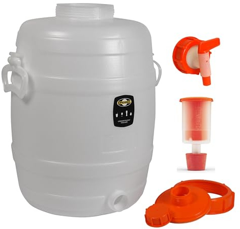 Lebensmittelechtes Kunststoff Getränkefass Mostfass Gärfass (30 Liter rund komplett mit NW10 Auslaufhahn und Gärspund)