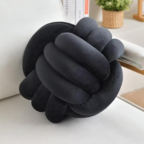 LUSJNGE Black Decorative Throw Knot Pillow Ball for Home Chair Sofa Aesthetic Round Velvet Knotted Pillow Cushion (Black, 11 inches)