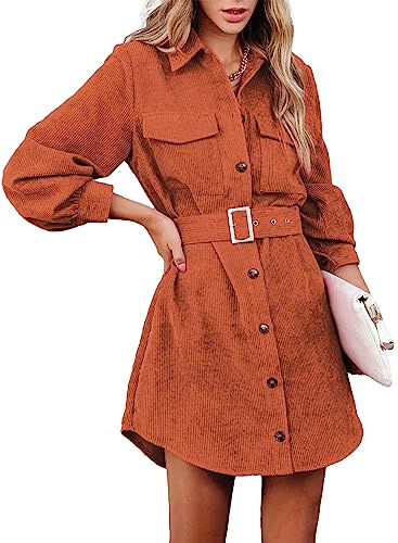 ARTFREE Damen Cordkleid Knopfleiste Langarm Minikleid Revers Gürtel Herbst Casual Jacke Hemdkleid mit Taschen, Burnt orange, Groß