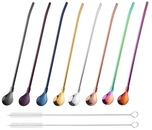 SBOMHS Trinkhalmlöffel, 18/8 Edelstahl, Strohhalmlöffel, wiederverwendbar, Latte Macchiato, Cocktaillöffel, 21,5 cm, bunt, 8 Stück mit 2 Bürsten